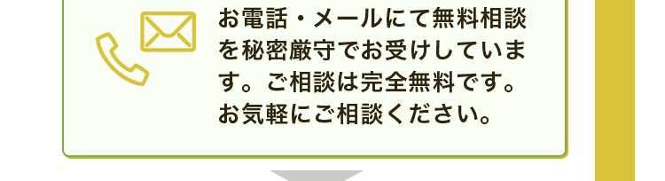 お電話・メールにて無料相談を秘密厳守でお受けしています。ご相談は完全無料です。お気軽にご相談ください。