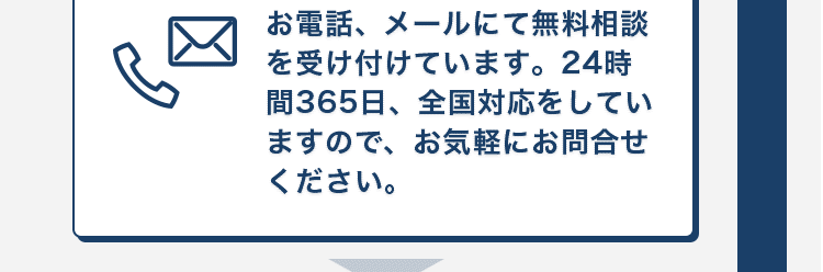 お電話、メールにて無料相談を受け付けています。24時間365日、全国対応をしていますので、お気軽にお問合せください。