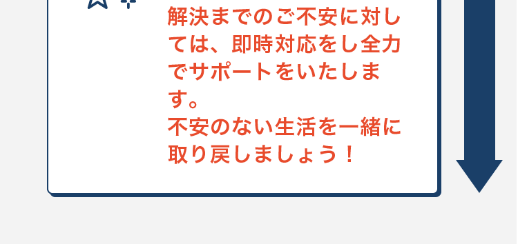 解決までのご不安に対しては、即時対応をし全力でサポートをいたします。
不安のない生活を一緒に取り戻しましょう！