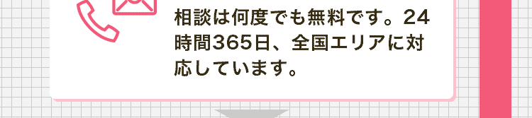 相談は何度でも無料です。24時間365日、全国エリアに対応しています。